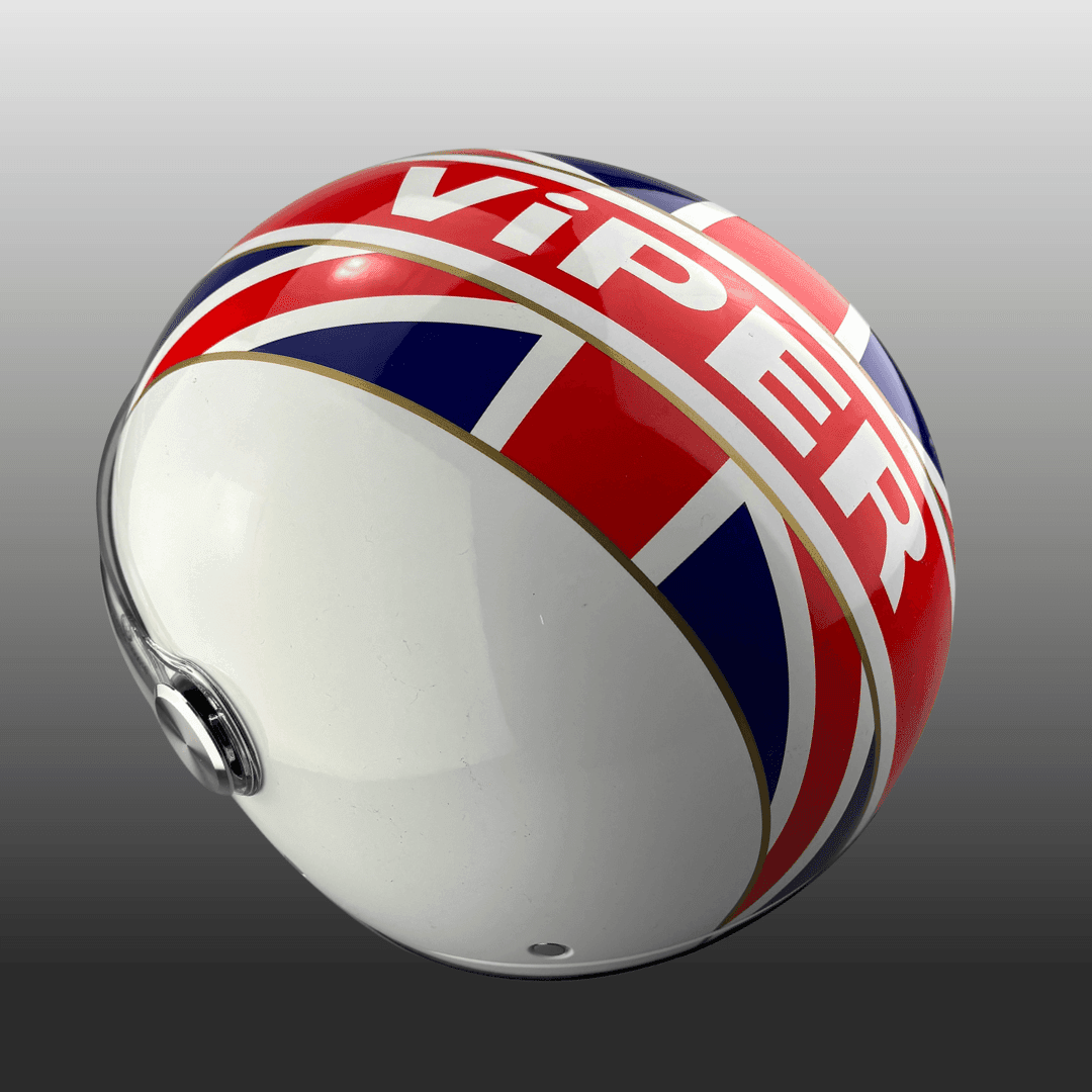 Motorcycle helmet with British flag design and 'Viper' text on a gradient background.