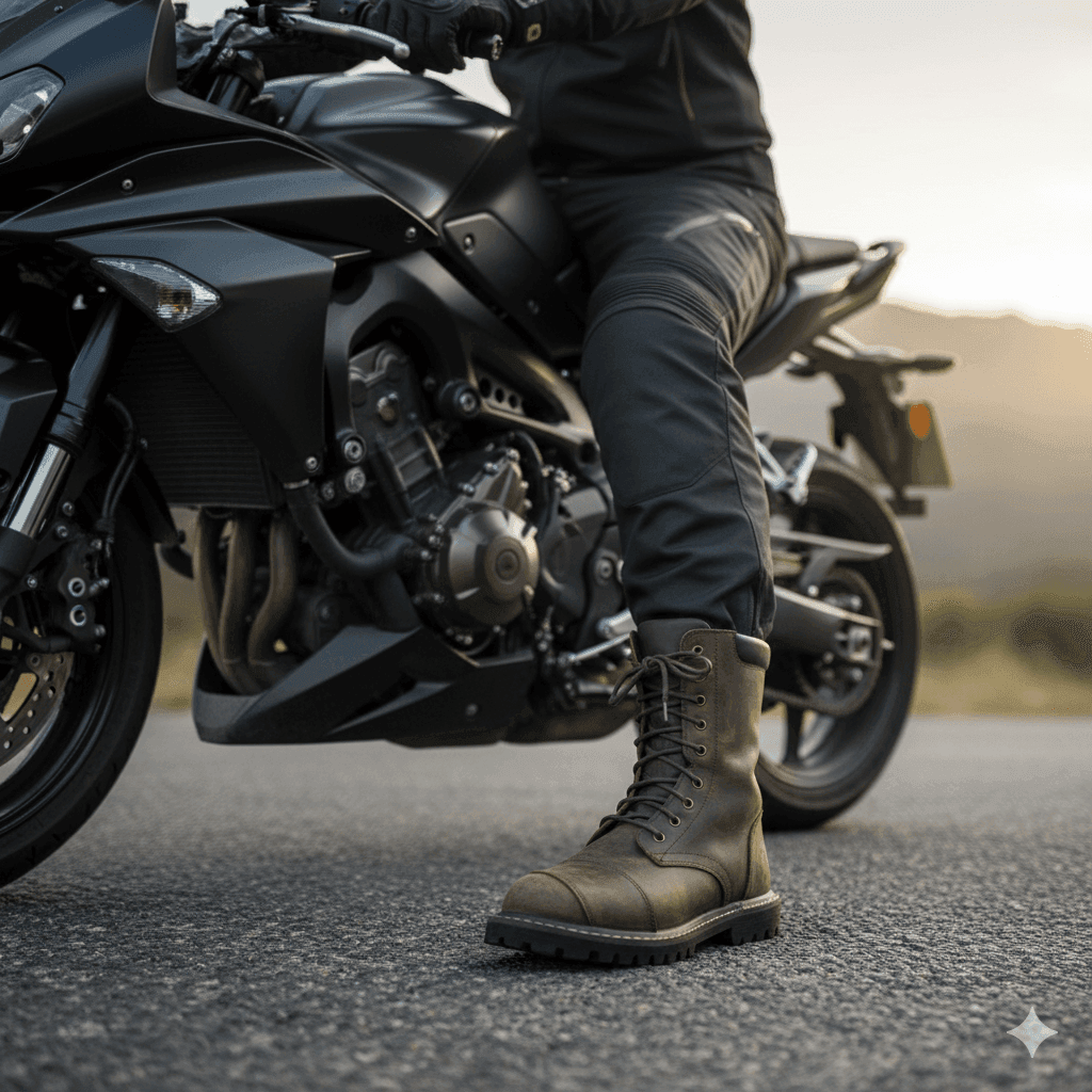 Person wearing leather boots next to a black motorcycle on a road, with a blurred background.