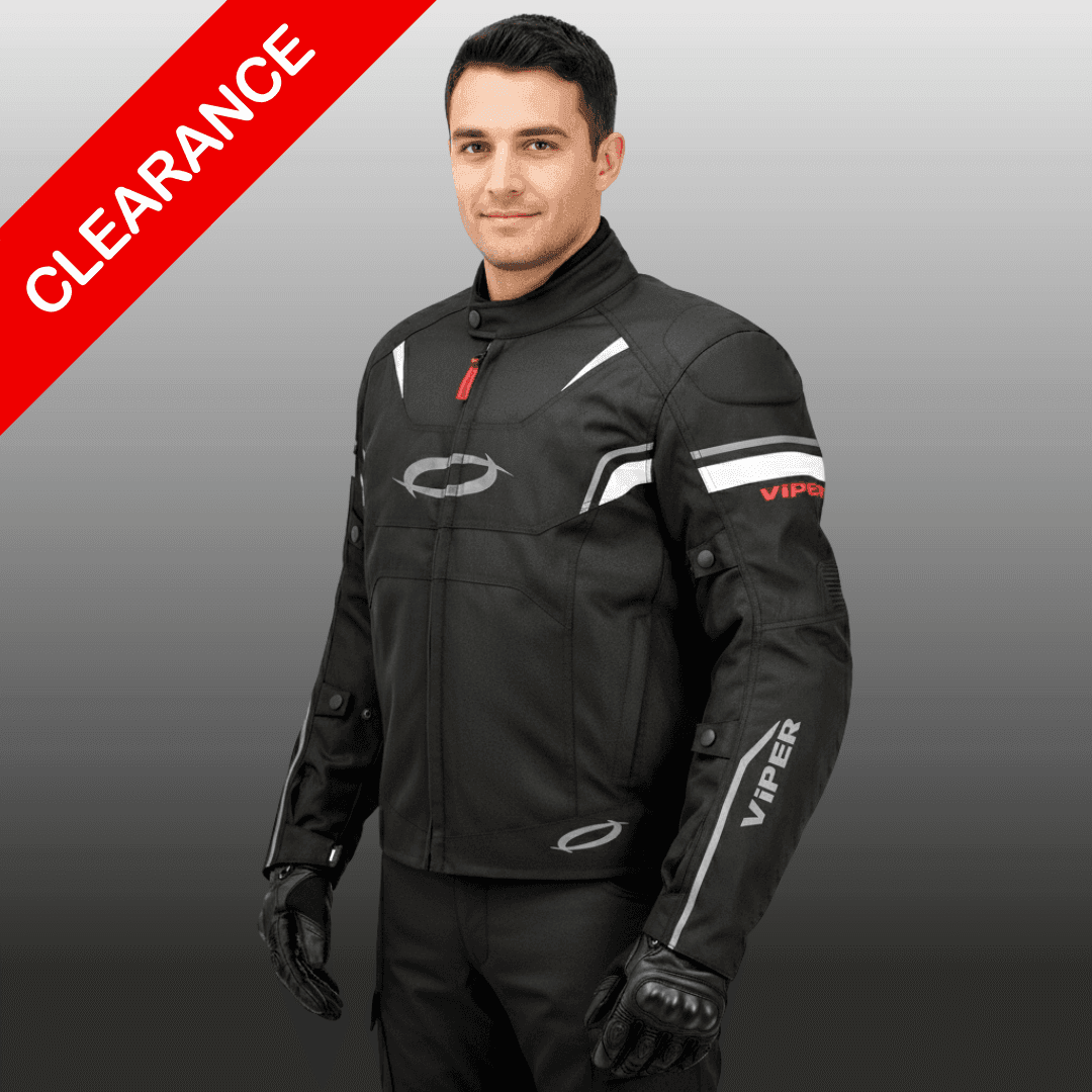 Man wearing a black motorcycle jacket with red clearance banner on top left.